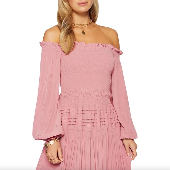 RAMY BROOK | Off The Shoulder Anita Smocked Ruffled Midi Dress in Pink | Size XS - Picture 2 of 9